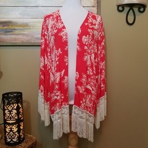 Black Swan Floral Print Fringe Kimono